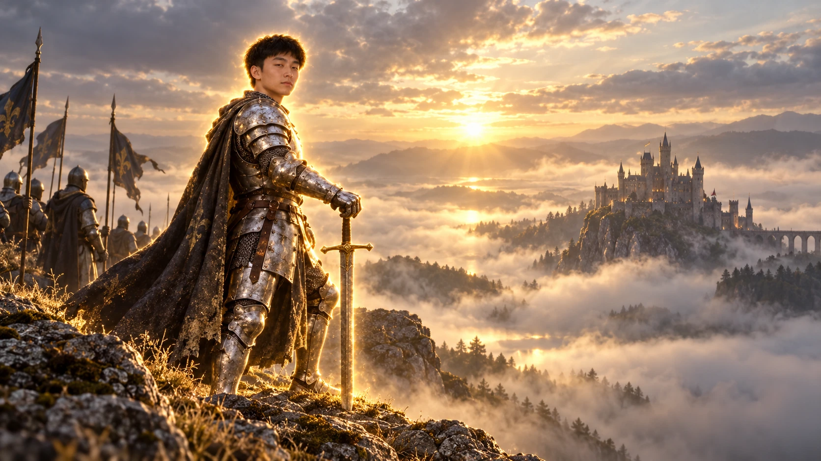 The knight and a small gathering look out across a sea of silver fog at sunrise.