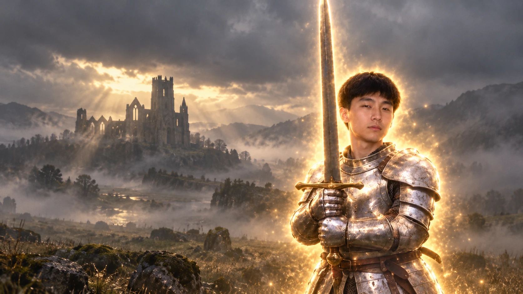 A calm knight holds a glowing longsword in a silver-gray mist.