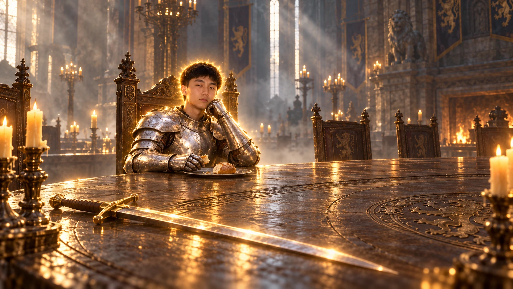 The knight sits alone at a vast round table with one tiny loaf of bread.