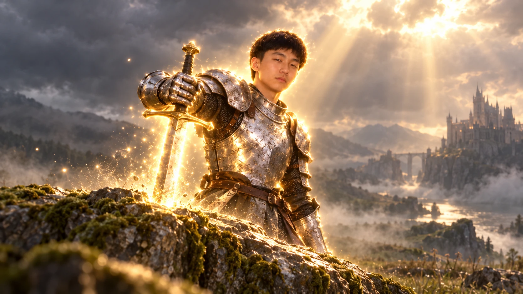 The knight casually pulls a golden sword from a mossy stone.