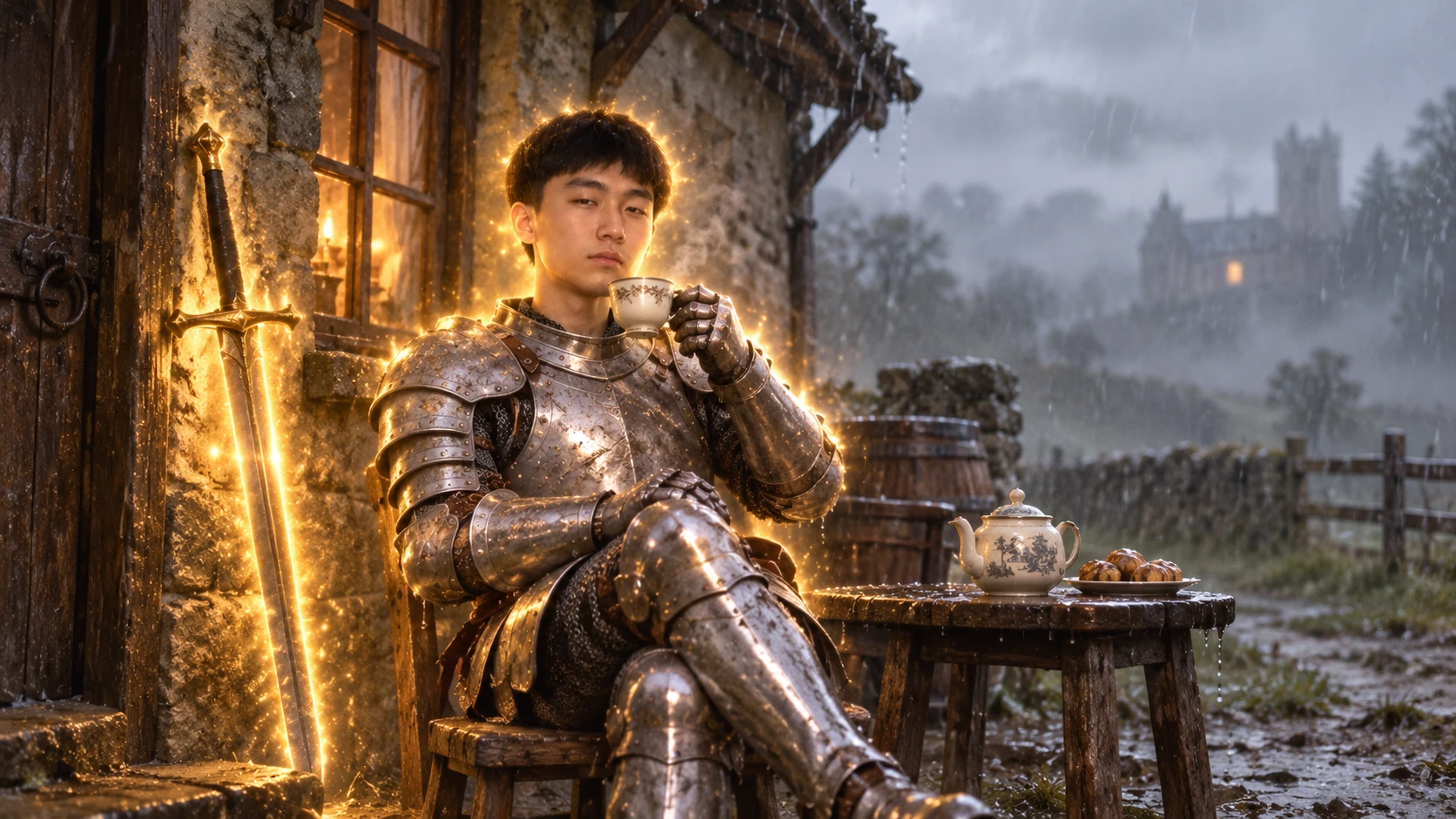 Still in full armor, the knight takes a quiet tea break beside his glowing sword.